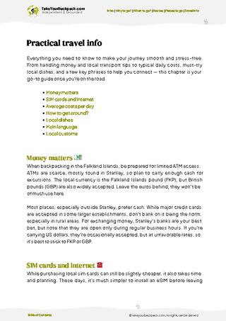 example page 7 from our offline Travel Guide for Falkland Islands